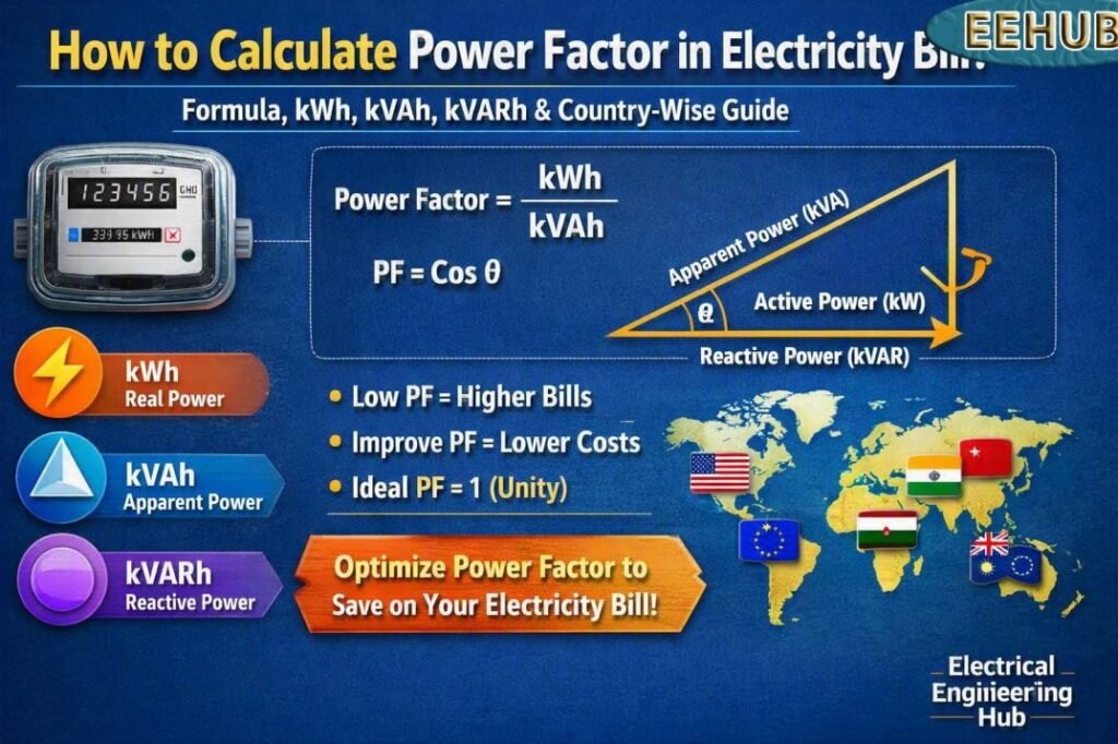 How to Calculate Power Factor in Electricity Bill Formula, kWh, kVAh, kVARh & Country-Wise Guide