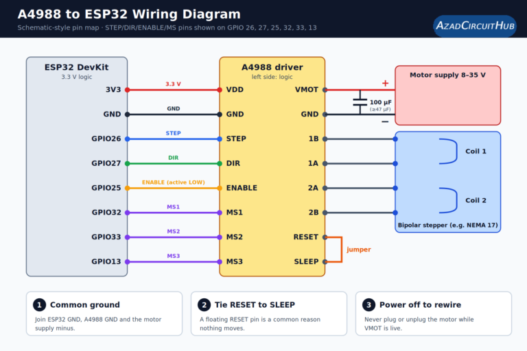 A4988 to ESP32 wiring diagram showing STEP, DIR, ENABLE, MS1-MS3, VMOT, VDD and motor coil connections