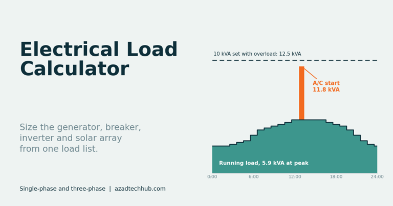 Electrical load calculator chart showing running load, A/C motor start and generator capacity