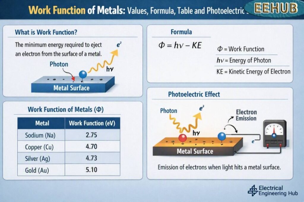 Work Function of Metals Values, Formula, Table and Photoelectric Effect
