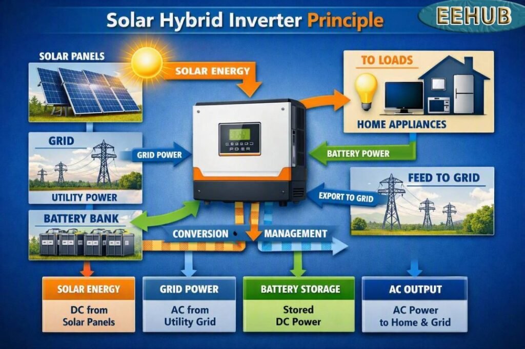 Hybrid Solar Inverter Working Principle with Circuit Diagram: Best Guide 2 Hybrid Solar Inverter Working Principle with Circuit Diagram