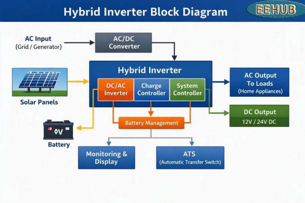 Hybrid Solar Inverter Working Principle with Circuit Diagram: Best Guide 4 Hybrid Solar inverter block diagram