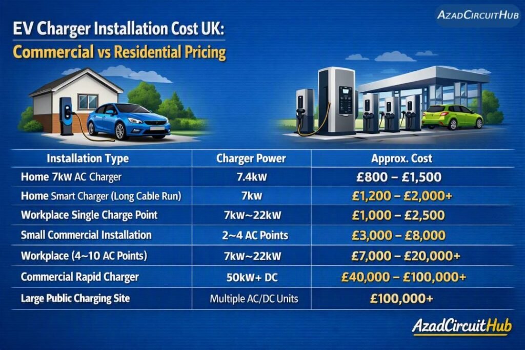 EV Charger Installation Cost UK Commercial vs Residential Pricing