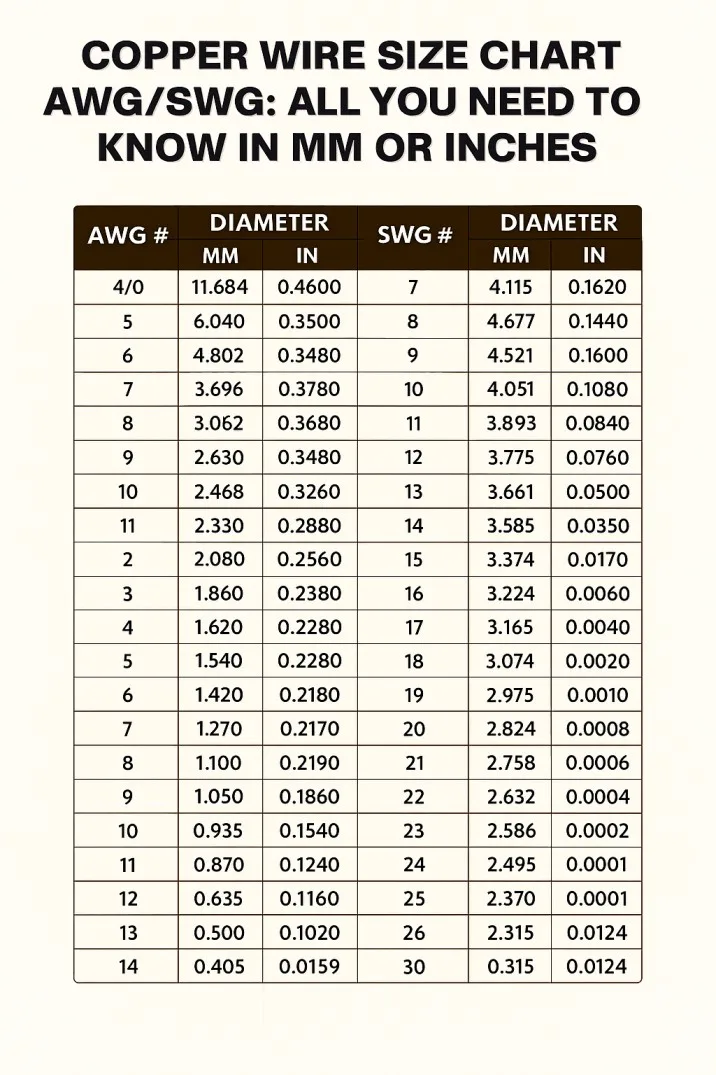 Copper Wire Size Chart awg/swg: All You need to Know in mm or Inches 1 Copper Wire Size Chart awgswg All You need to Know in mm or Inches