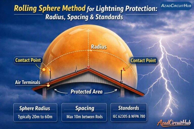 Rolling Sphere Method for Lightning Protection: Radius, Spacing & Standards 8 Rolling sphere method diagram showing sphere contact points on a roof with air terminals