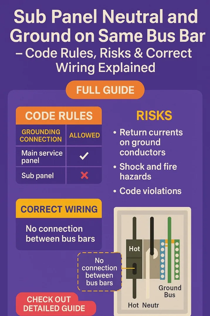Sub Panel Neutral and Ground on Same Bus Bar – Code Rules, Risks & Correct Wiring Explained 6 Sub Panel Neutral and Ground on Same Bus Bar – Code Rules, Risks & Correct Wiring Explained