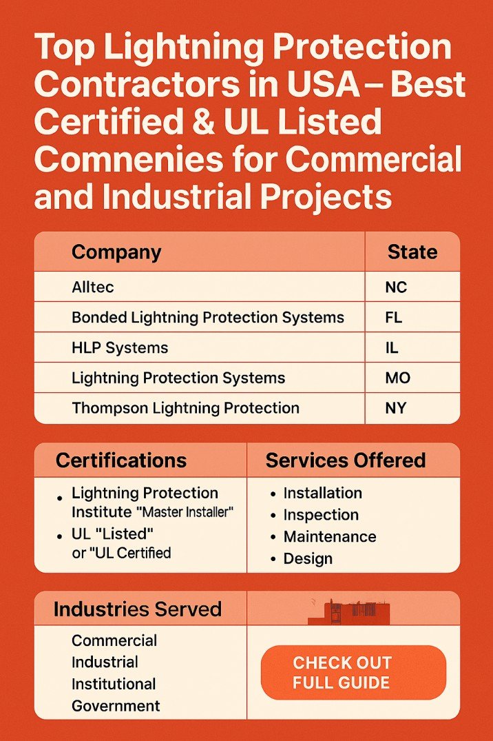 Top Lightning Protection Contractors in USA – Best Certified & UL Listed Companies for Commercial and Industrial Projects 8 Top Lightning Protection Contractors in USA – Best Certified & UL Listed Companies for Commercial and Industrial Projects