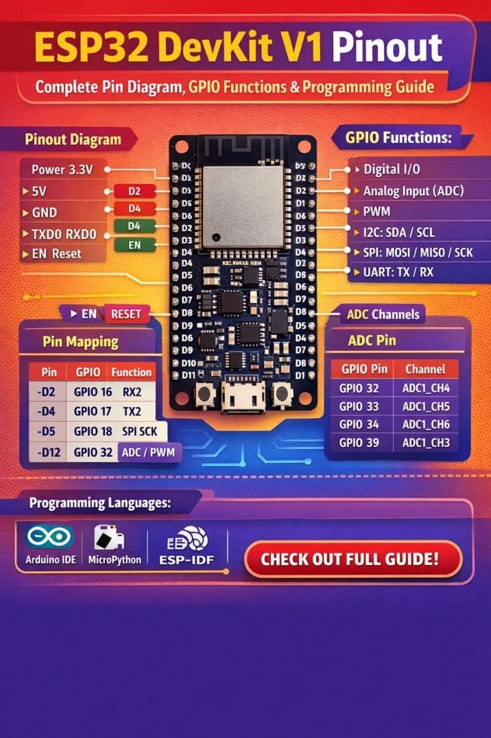 ESP32 DevKit V1 Pinout – Complete Pin Diagram, GPIO Functions, and Programming Guide