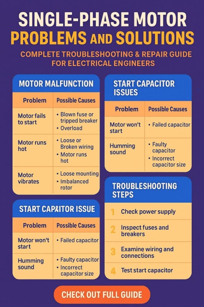 Single-Phase Motor Problems and Solutions – Complete Troubleshooting & Repair Guide for Electrical Engineers 1 Single-Phase Motor Problems and Solutions – Complete Troubleshooting & Repair Guide for Electrical Engineers