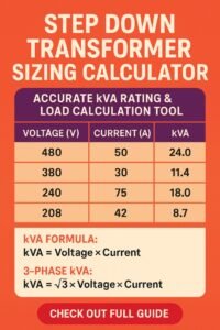 Step Down Transformer Sizing Calculator – Accurate kVA Rating & Load Calculation Tool