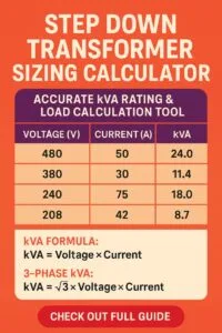 Home 26 Step Down Transformer Sizing Calculator – Accurate kVA Rating & Load Calculation Tool