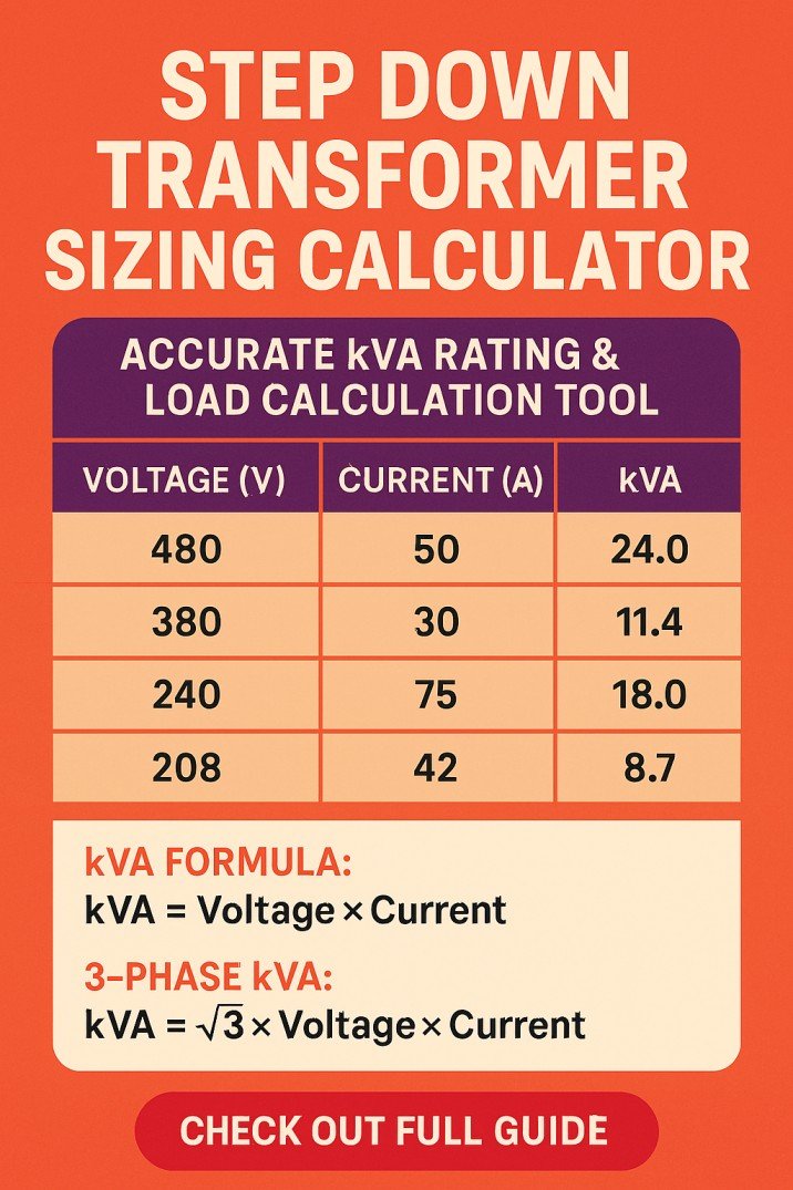 Step Down Transformer Sizing Calculator – Accurate kVA Rating & Load Calculation Tool 1 Step Down Transformer Sizing Calculator – Accurate kVA Rating & Load Calculation Tool