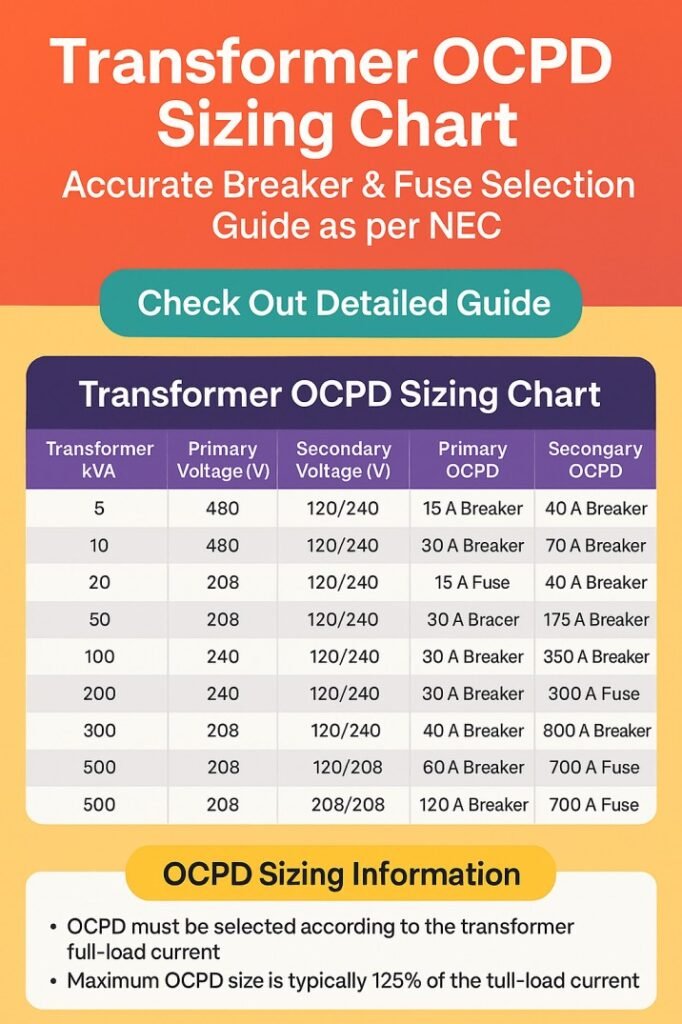 Transformer OCPD Sizing Chart – Accurate Breaker & Fuse Selection Guide as per NEC 1 Transformer OCPD Sizing Chart – Accurate Breaker & Fuse Selection Guide as per NEC