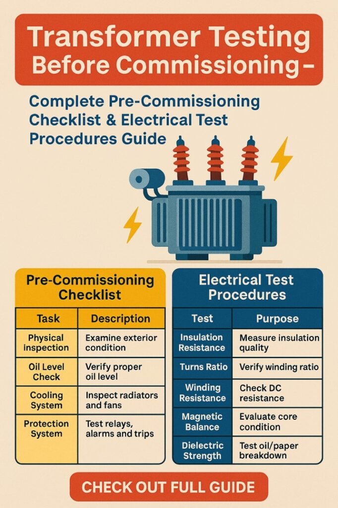Transformer Testing Before Commissioning: Important Pre-Commissioning Checklist & Electrical Test Procedures Guide 1 Transformer Testing Before Commissioning – Complete Pre-Commissioning Checklist & Electrical Test Procedures Guide