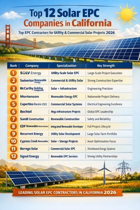 Top 12 Solar EPC Companies in California: Top EPC Contractors for Utility & Commercial Solar Projects 2026 1 Top 12 Solar EPC Companies in California Top EPC Contractors for Utility & Commercial Solar Projects 2026
