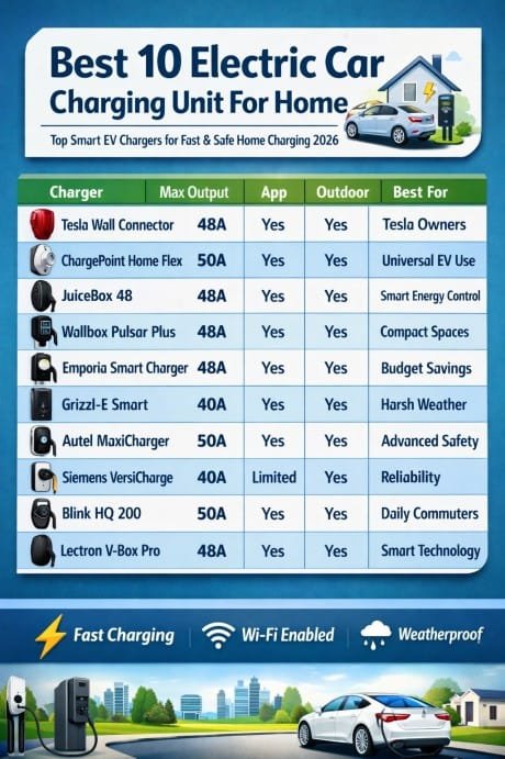 Best 10 Electric Car Charging Unit For Home Top Smart EV Chargers for Fast & Safe Home Charging 2026