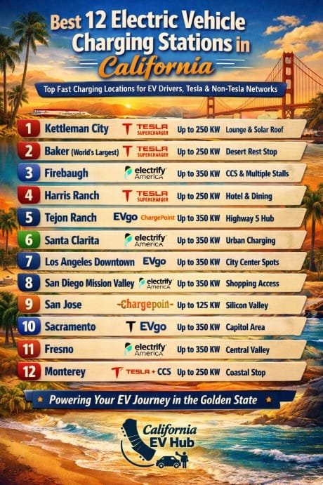 Best 12 Electric Vehicle Charging Stations in California Top Fast Charging Locations for EV Drivers, Tesla & Non-Tesla Networks
