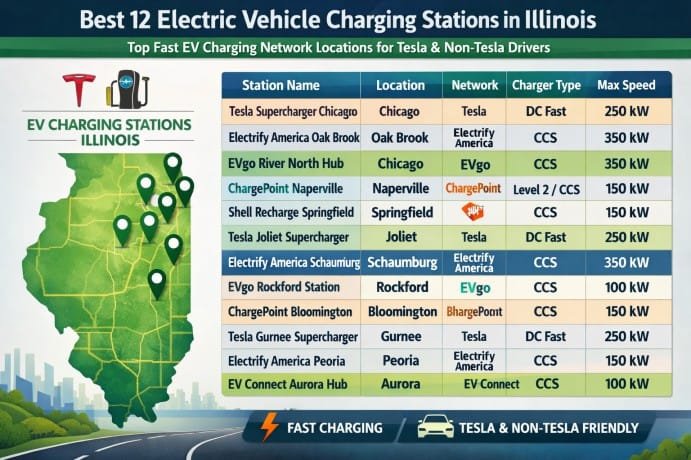 Best 12 Electric Vehicle Charging Stations in Illinois Top Fast EV Charging Network Locations for Tesla & Non-Tesla Drivers