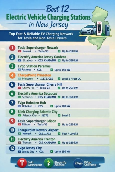 Best 12 Electric Vehicle Charging Stations in New Jersey Top Fast & Reliable EV Charging Network for Tesla and Non-Tesla Drivers