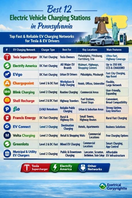 Best 12 Electric Vehicle Charging Stations in Pennsylvania – Top Fast & Reliable EV Charging Networks for Tesla & EV Drivers