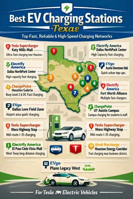 Best 12 Electric Vehicle Charging Stations in Texas Top Fast, Reliable & High-Speed EV Charging Networks for Tesla & Electric Vehicles