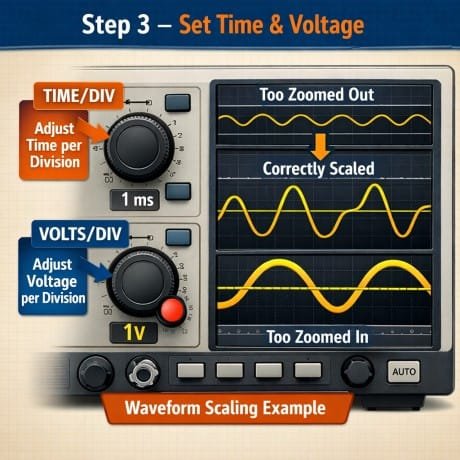 How To Read Oscilloscopes, Set Time & Voltage