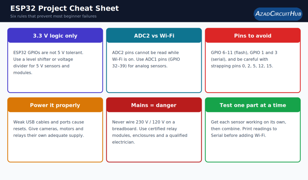 ESP32 project cheat sheet: 3.3 V logic, ADC2 and Wi-Fi, pins to avoid, power supply, mains safety and testing tips.