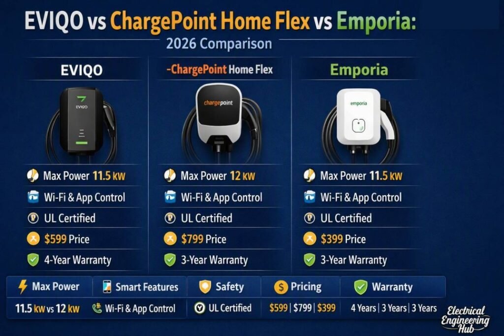 EVIQO vs ChargePoint Home Flex vs Emporia 2026 Comparison
