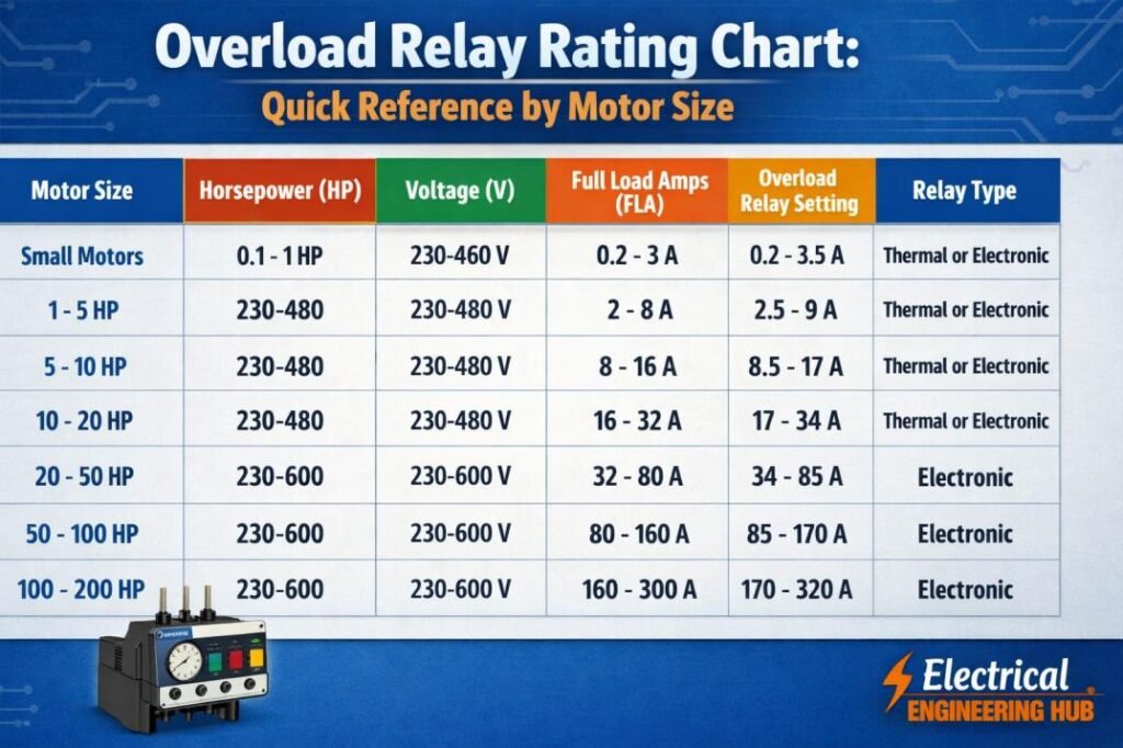 Overload Relay Rating Chart Quick Reference by Motor Size