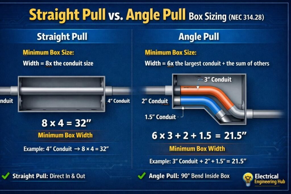 Straight Pull vs. Angle Pull Box Sizing (NEC 314.28) 1 Straight Pull vs. Angle Pull Box Sizing (NEC 314.28)