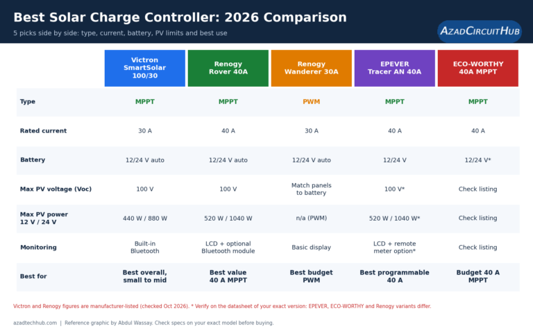 Best solar charge controller comparison chart of Victron SmartSolar 100/30, Renogy Rover 40A, Renogy Wanderer 30A PWM, EPEVER Tracer AN 40A and ECO-WORTHY 40A MPPT