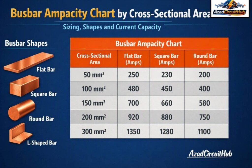 Busbar Ampacity Chart by Cross-Sectional Area Sizing, Shapes and Current Capacity