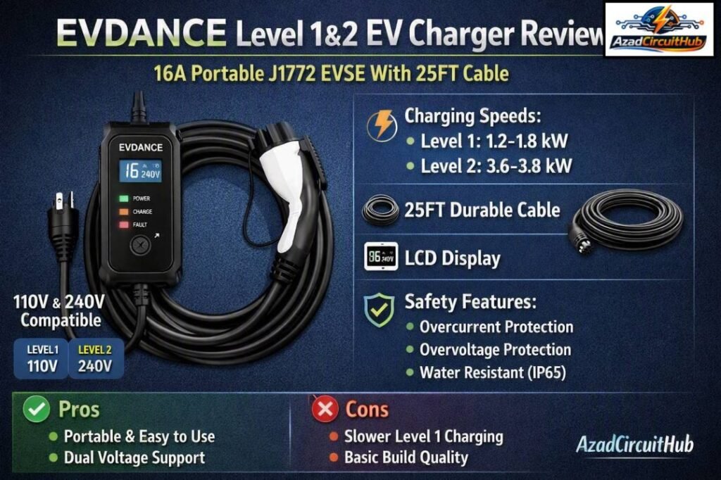 EVDANCE Level 1&2 EV Charger Review 16A Portable J1772 EVSE With 25FT Cable