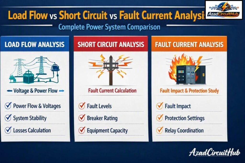 Load Flow vs Short Circuit vs Fault Current Analysis Complete Power System Comparison