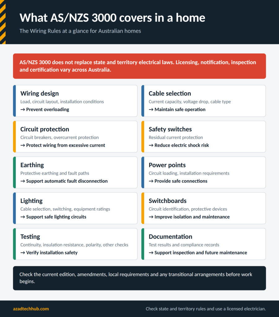 Home Wiring as per AS/NZS 3000: Complete Australian Wiring Guide 1 Ten topics covered by AS/NZS 3000 for Australian homes including cable selection, safety switches, earthing and testing: Home Wiring as per AS/NZS 3000