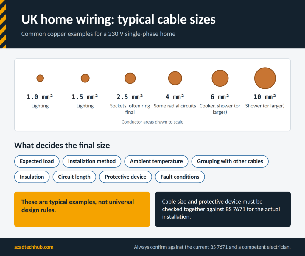 The Complete Guide to Home Wiring & BS 7671 (UK): Chart of typical UK home wiring cable sizes from 1.0 mm² to 10 mm² for lighting, sockets, cookers and showers