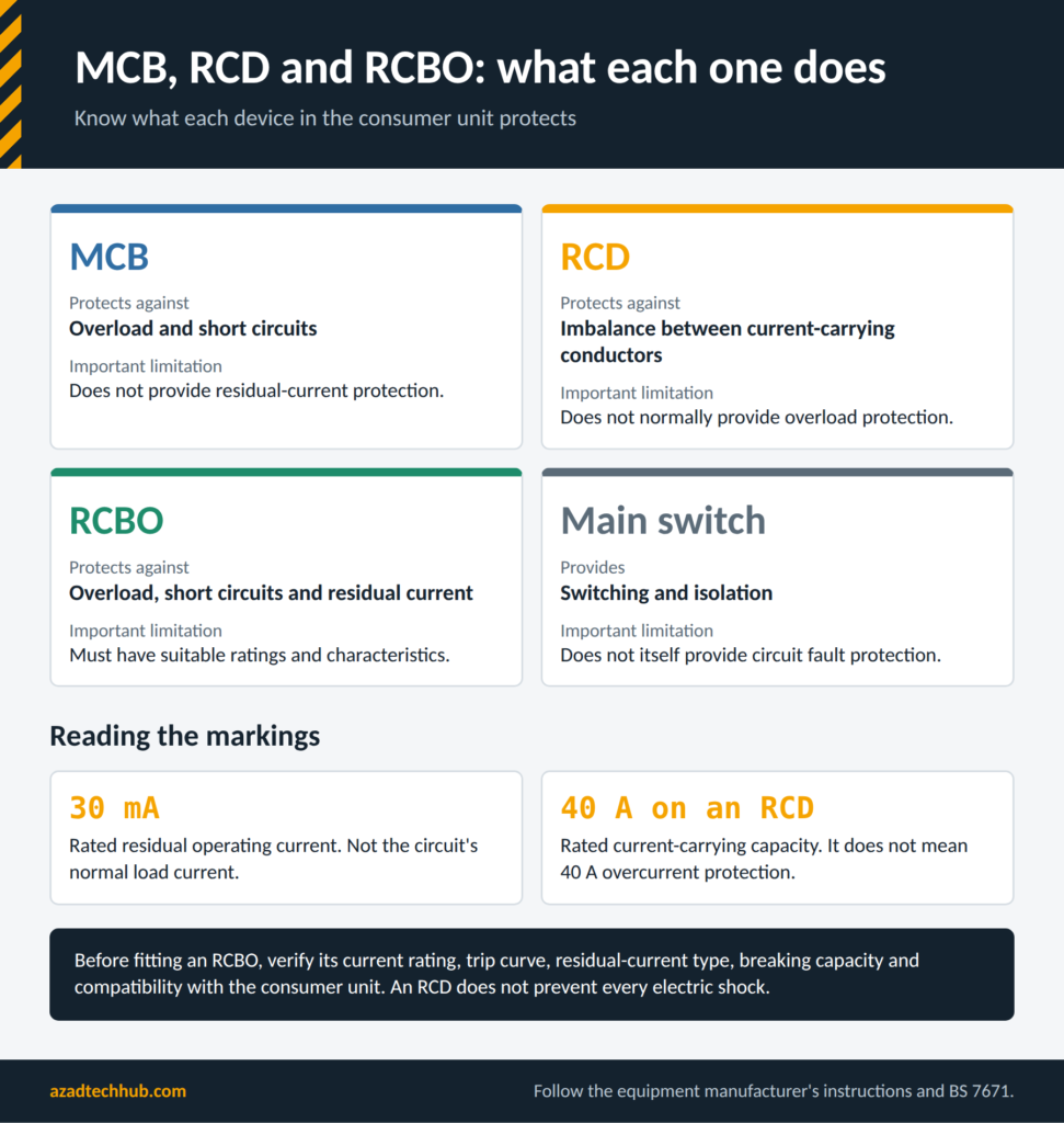 Guide to Home Wiring & BS 7671 (UK): Comparison of MCB, RCD, RCBO and main switch showing what each protects and its limitation