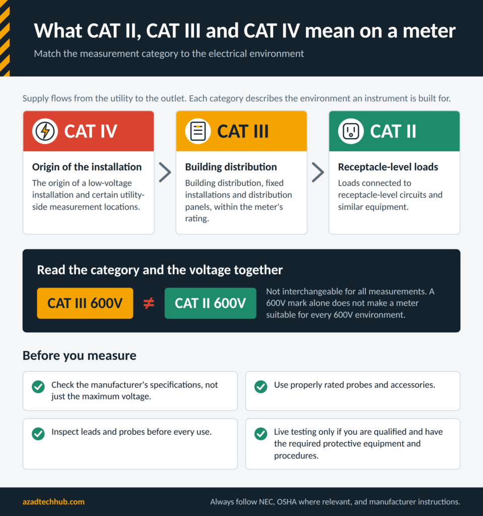 Diagram of CAT II, CAT III and CAT IV multimeter safety ratings from utility service to outlet