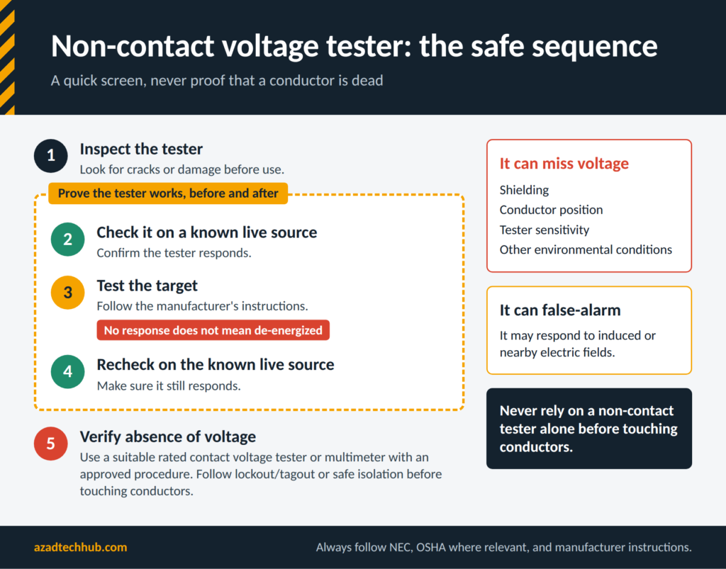 Five-step safe sequence for using a non-contact voltage tester, including checking it on a known live source before and after