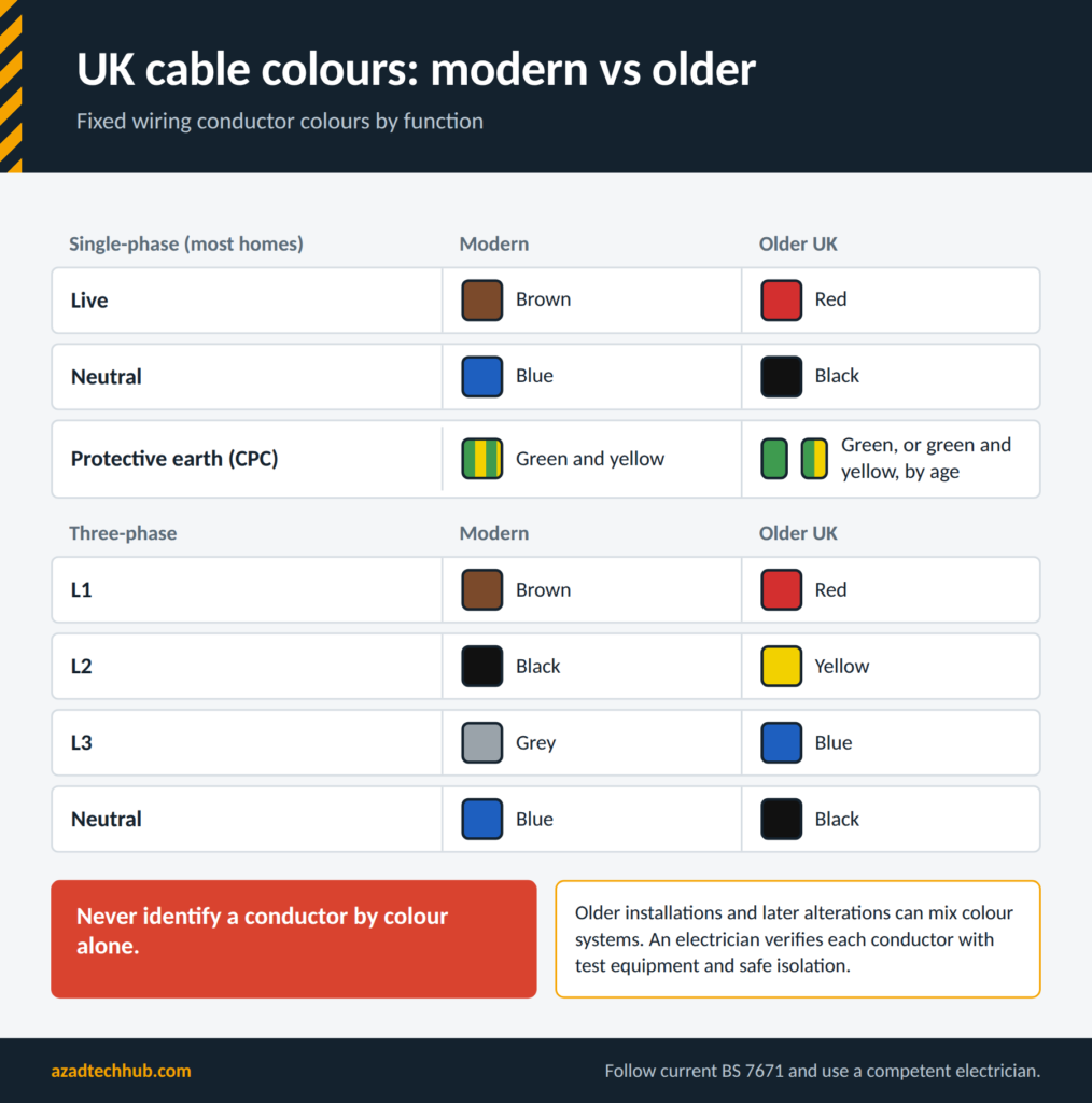 Guide to Home Wiring & BS 7671 (UK): UK cable colours for live, neutral and earth in modern and older wiring, single-phase and three-phase