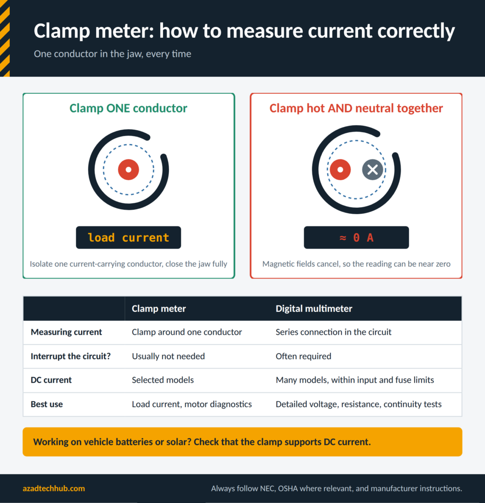 Clamp meter measuring one conductor versus hot and neutral together, which reads near zero amps