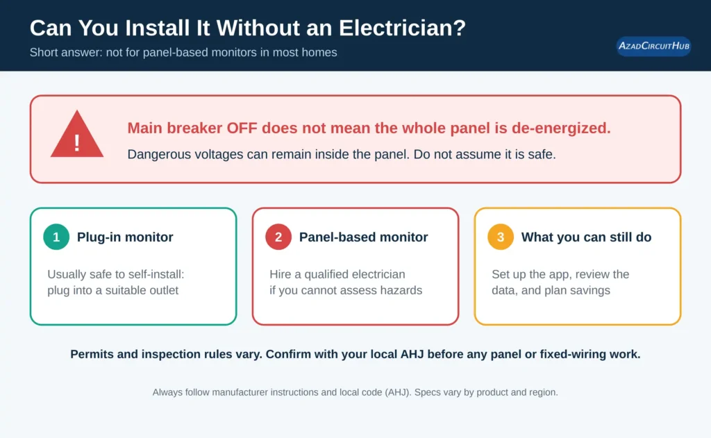 Safety warning that the main breaker being off does not make the electrical panel safe, with guidance on DIY versus a qualified electrician