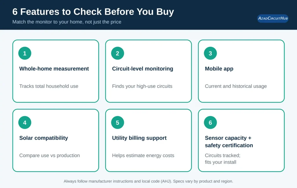 Six features to check before buying a whole-house energy monitor, including circuit monitoring, app, solar support and safety certification