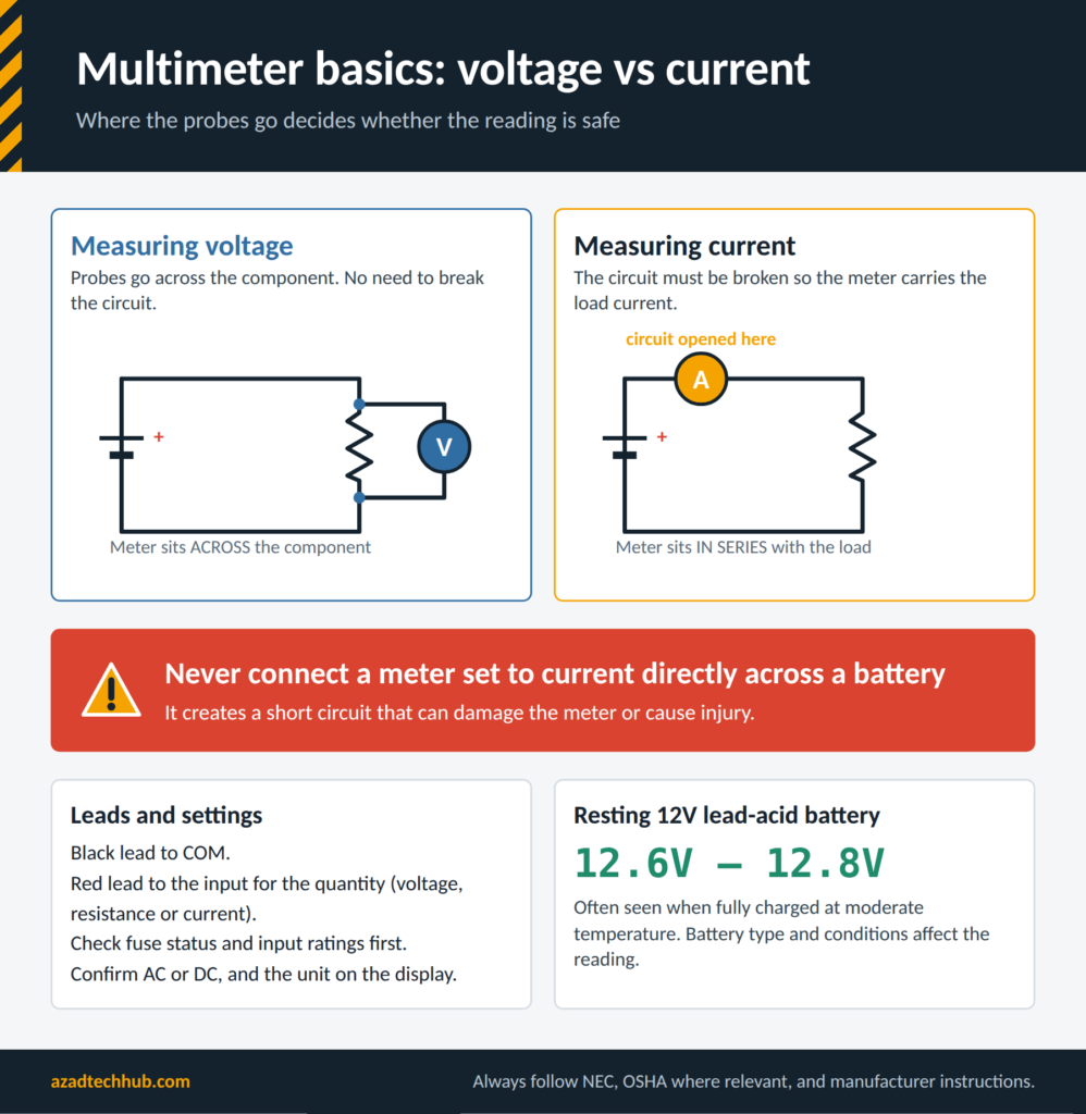 Circuit diagrams showing a multimeter across a component for voltage and in series for current