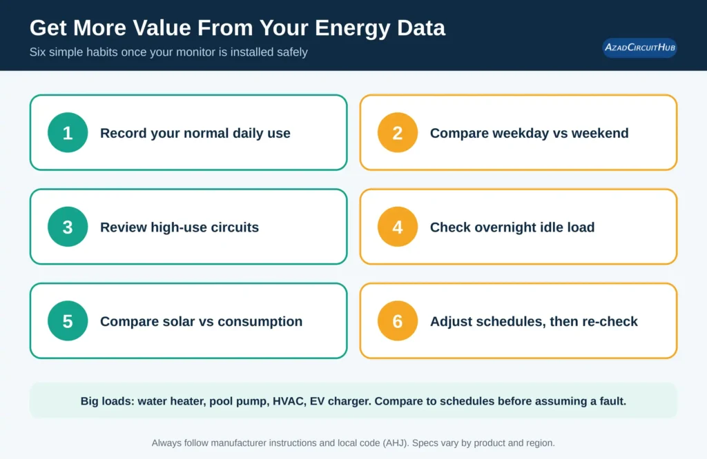 Six steps to use energy monitor data, such as comparing weekday and weekend usage and checking overnight idle load