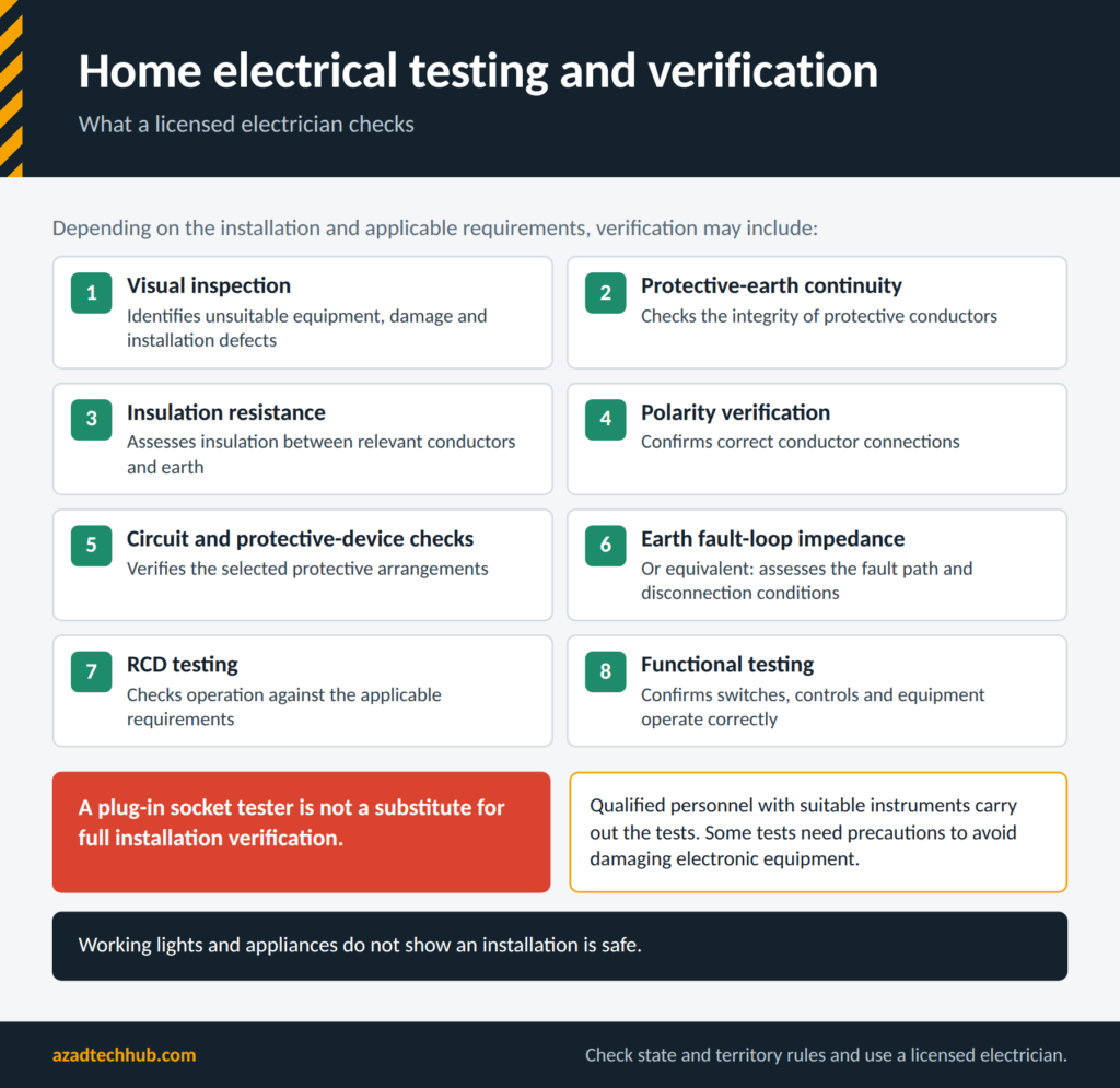 Home Wiring as per AS/NZS 3000: Complete Australian Wiring Guide 6 Eight tests a licensed electrician carries out to verify a home electrical installation