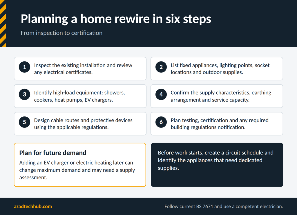 Guide to Home Wiring & BS 7671 (UK): Six steps for planning a UK home rewire from inspection to testing and certification