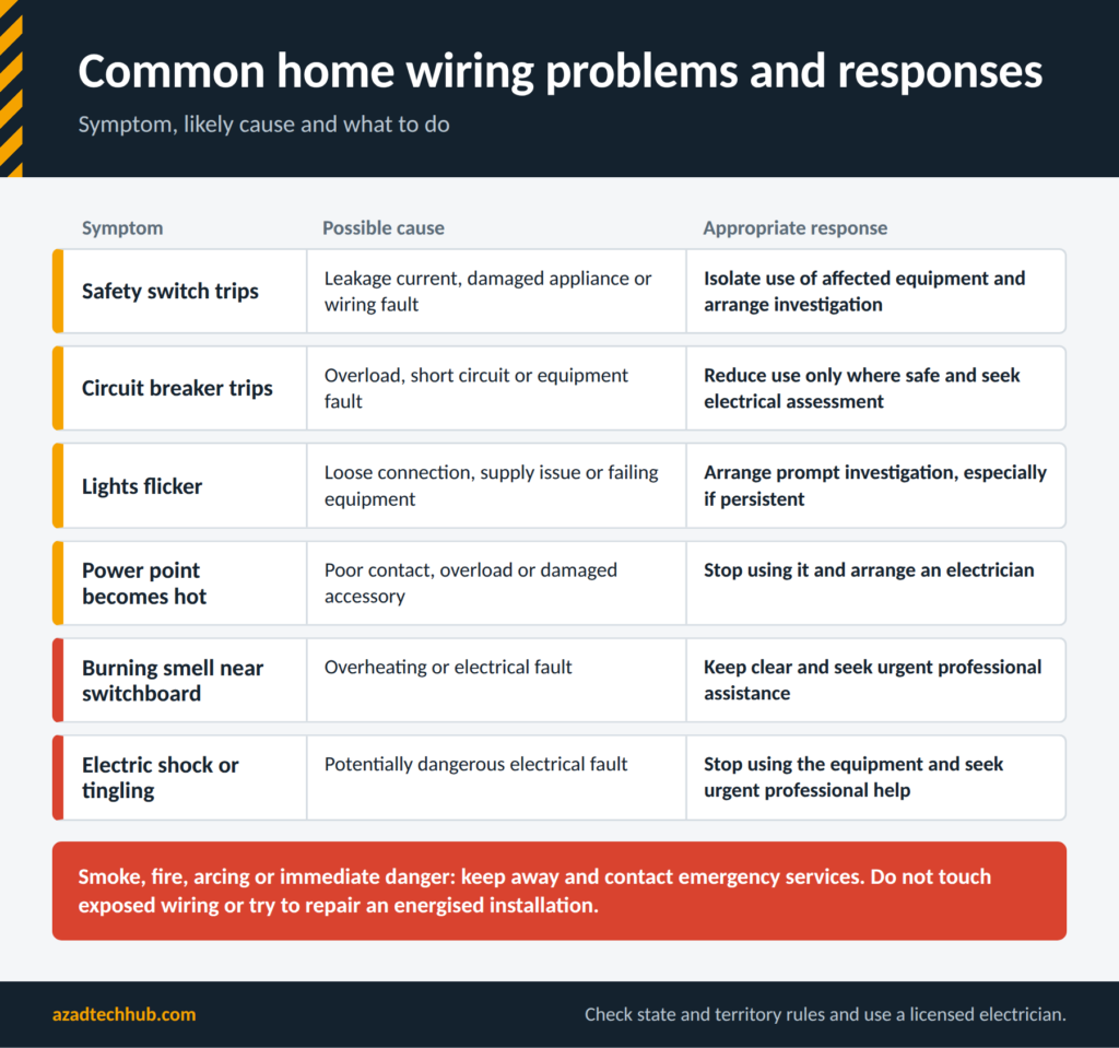 Home Wiring as per AS/NZS 3000: Complete Australian Wiring Guide 7 Table of common home wiring problems in Australia with likely causes and responses