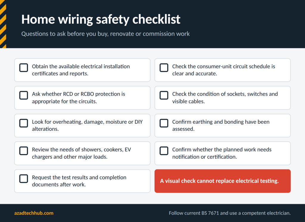 Home wiring safety checklist with nine items to check before buying or renovating