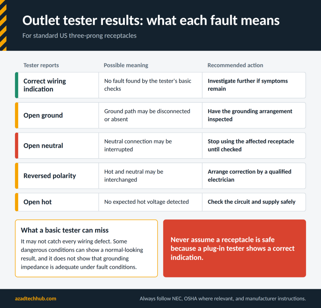 Outlet tester results table showing open ground, open neutral, reversed polarity and open hot with recommended actions